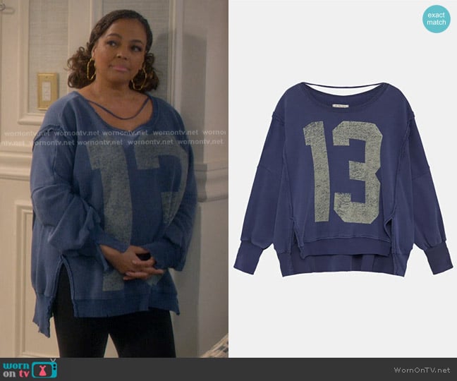 We The Free Graphic Camden Sweatshirt in Navy Combo 13 worn by Regina Upshaw (Kim Fields) on The Upshaws