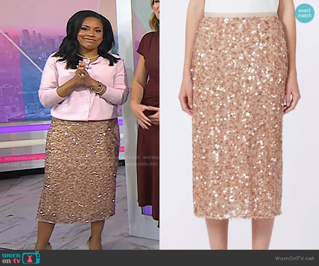 Weekend Max Mara Docchio Sequin Midi Skirt in Beige worn by Sheinelle Jones on Today