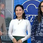 Vicky’s white button cuff sweater and green leather skirt on Today