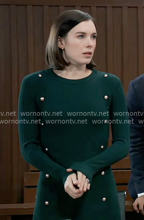 Willow’s green dress with gold button studs on General Hospital