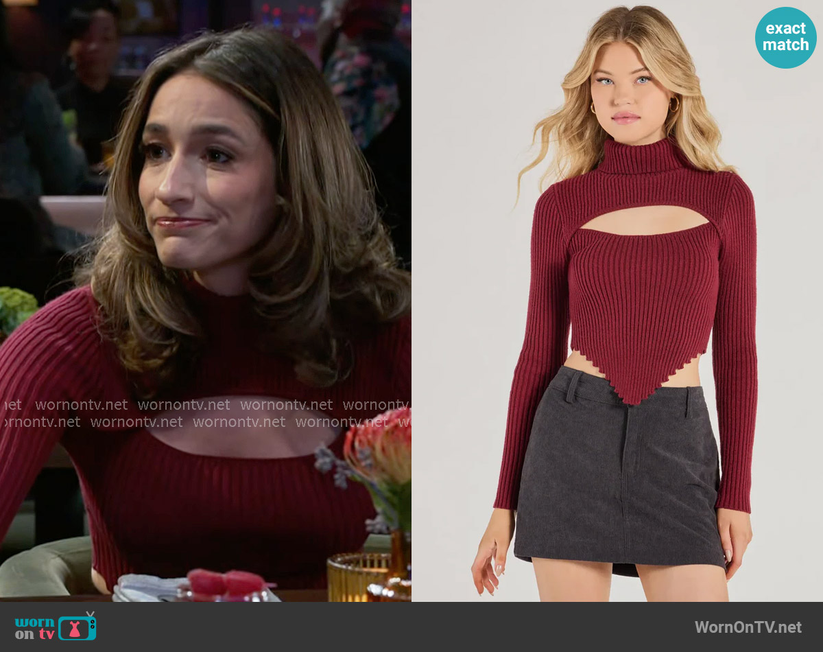 Windsor Chic Muse Ribbed Knit Cutout Crop Top in Burgundy worn by Ashley Morgan (Jen Jacob) on Beyond the Gates