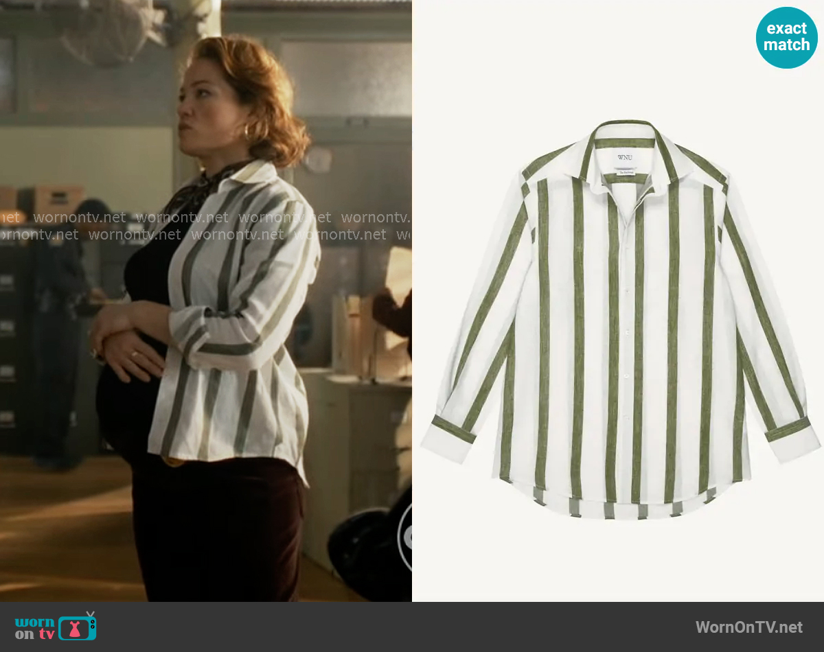 With Nothing Underneath The Boyfriend Shirt in Khaki Stripe worn by Angie Polaski (Erika Christensen) on Will Trent