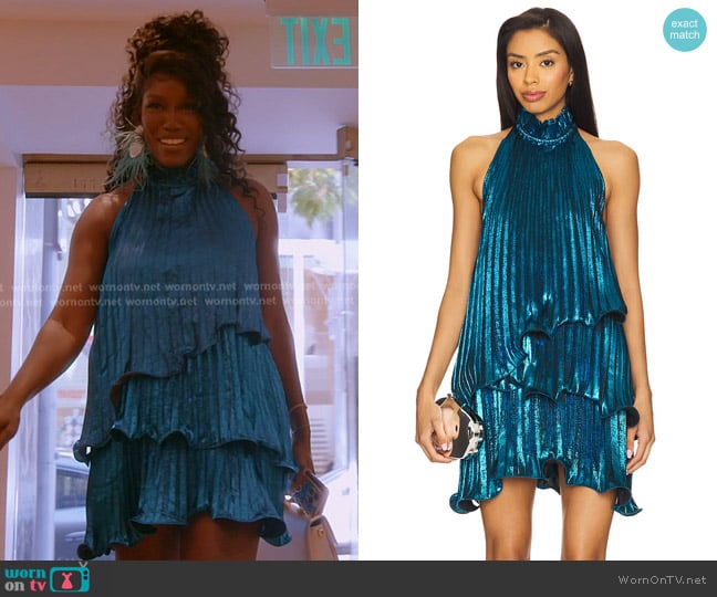 Yaura Ireti Dress in Metallic Blue worn by Bozoma Saint John on The Real Housewives of Beverly Hills