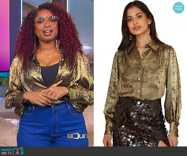 Yumi Metallic Relaxed Balloon Sleeve Shirt worn by Jennifer Hudson on The Jennifer Hudson Show