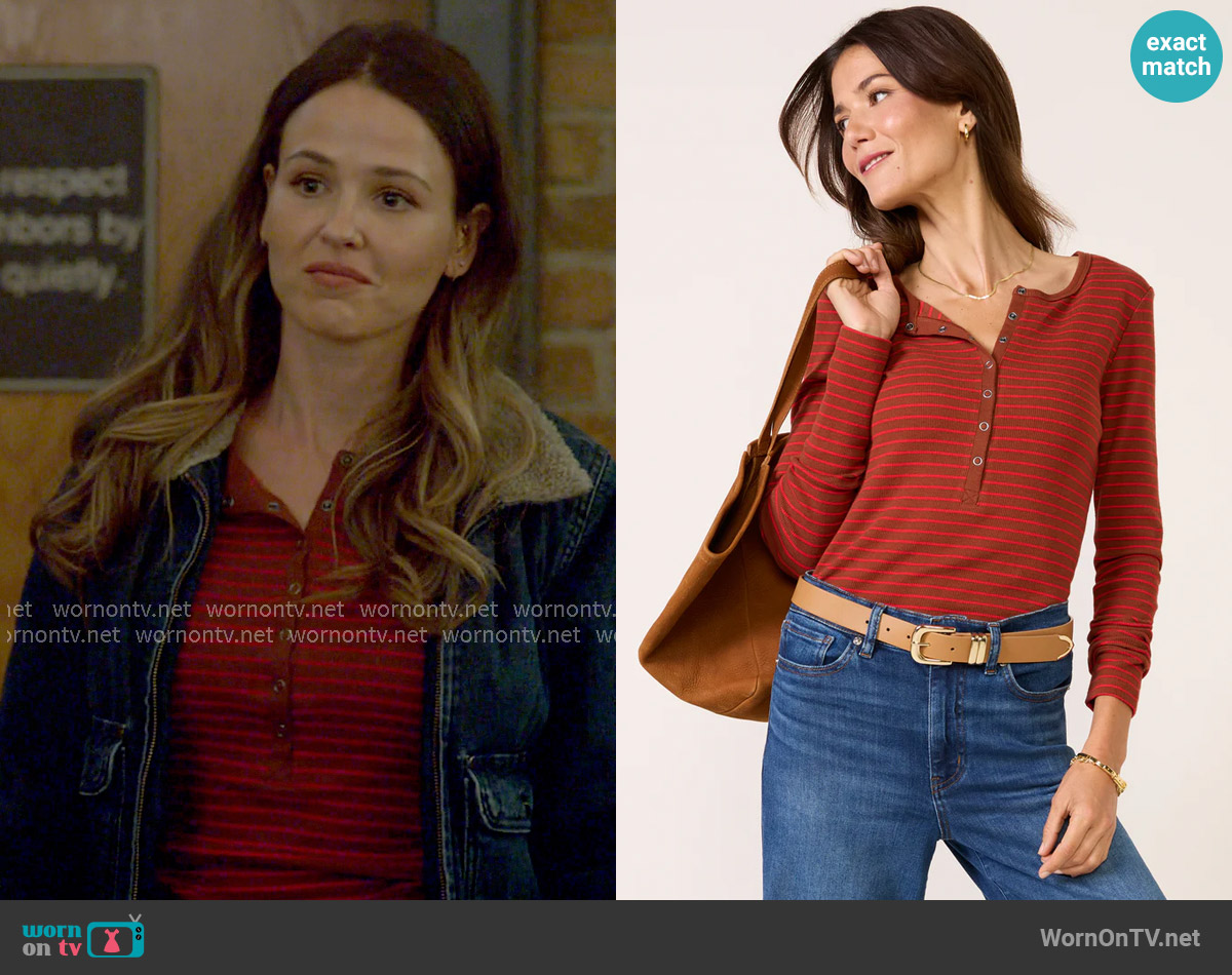 Z Supply Stella Stripe Henley in Cherrymohogany worn by Lyla 'Lizzy' Novak (Jocelyn Hudon) on Chicago Fire