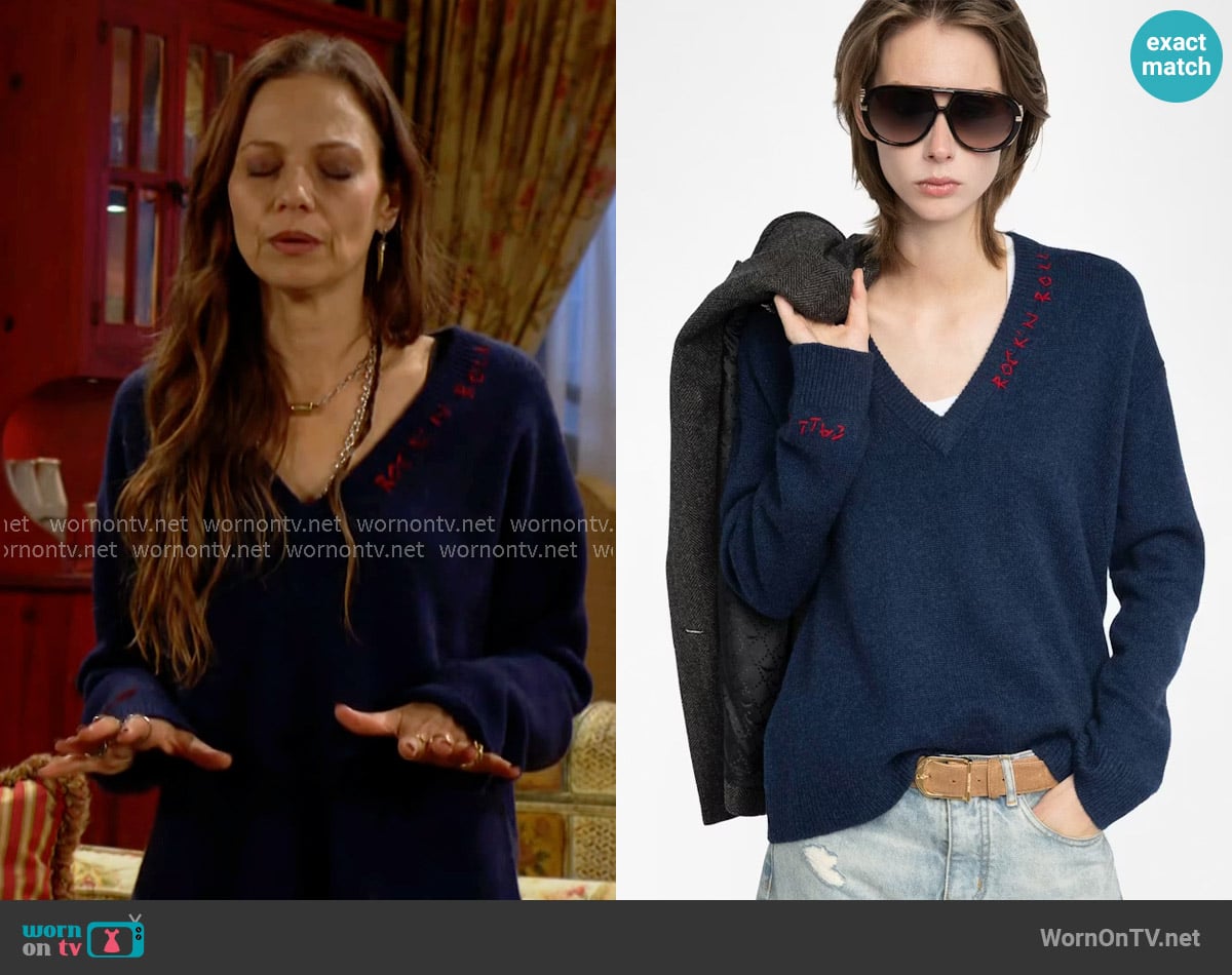 Zadig and Voltaire Mikyz Cashmere Sweater in Encre worn by Sienna Bacall (Tamara Braun) on The Young and the Restless