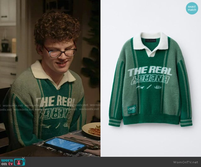 Zara Faux Fur Knit Polo Sweater with Text in Green Ecru worn by Christopher Diaz (avin McHugh) on 9-1-1