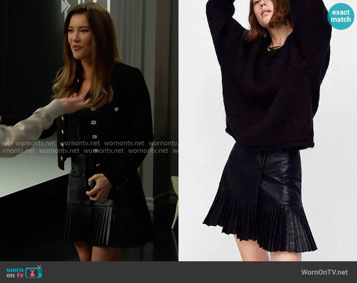 Zara Faux Leather Pleated Mini Skirt worn by Steffy Forrester (Jacqueline MacInnes Wood) on The Bold and the Beautiful