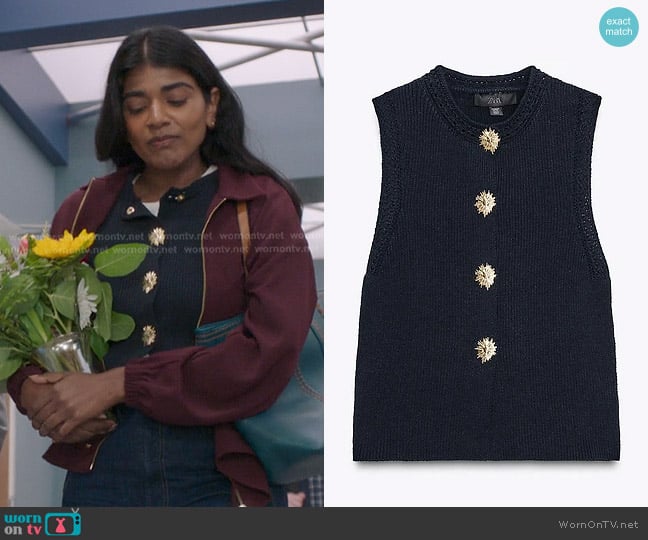 Zara Gold Button Knit Top worn by Kavita Mohanty (Anita Kalathara) on Greys Anatomy