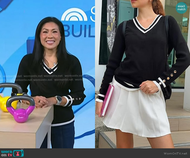 Zeagoo V Neck Sweater in Black-white worn by Karena Wu on Today
