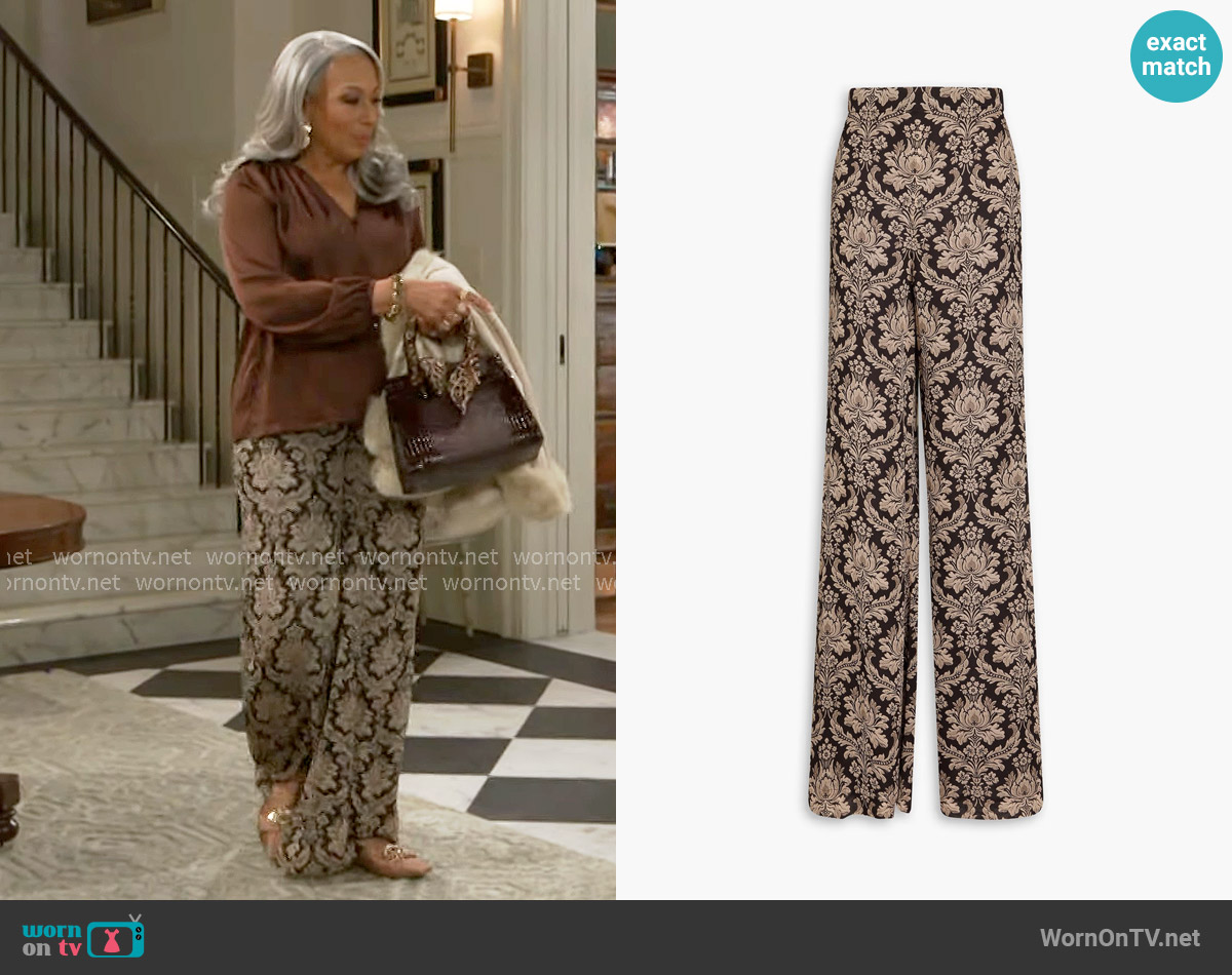 Zimmermann Floral-print chiffon wide-leg pants worn by Anita Dupree (Tamara Tunie) on Beyond the Gates