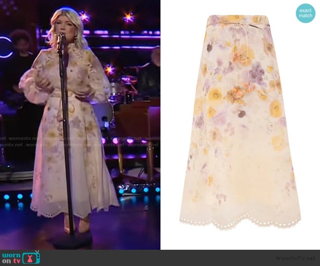 Zimmermann Memento embroidered midi skirt worn by Natalie Grant on The Kelly Clarkson Show