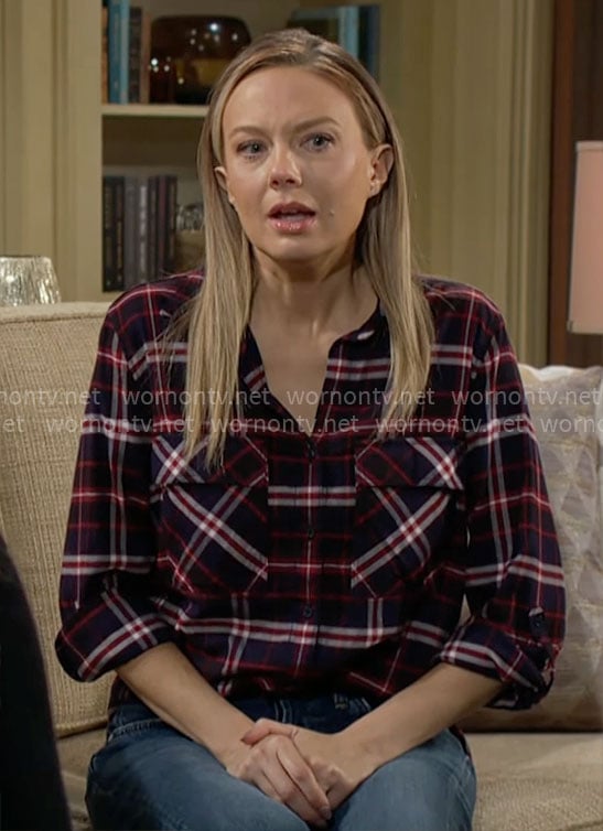 Abby’s navy and red plaid shirt on The Young and the Restless