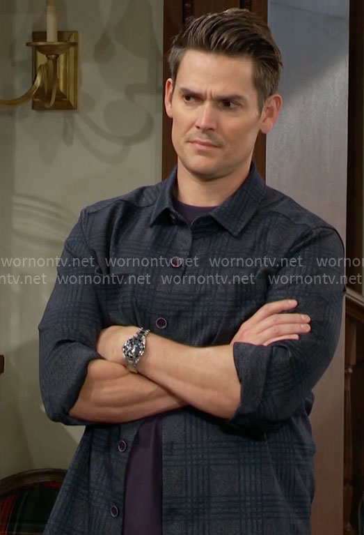 Adam’s navy plaid shirt on The Young and the Restless