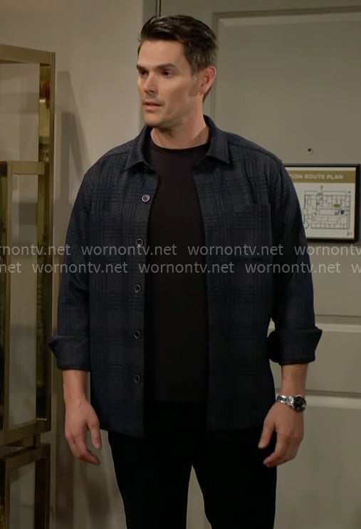 Adam’s navy plaid shirt on The Young and the Restless