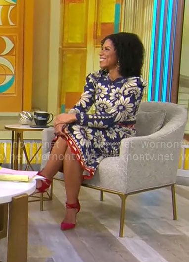 Adriana Diaz’s blue floral sweater and skirt set on CBS Mornings