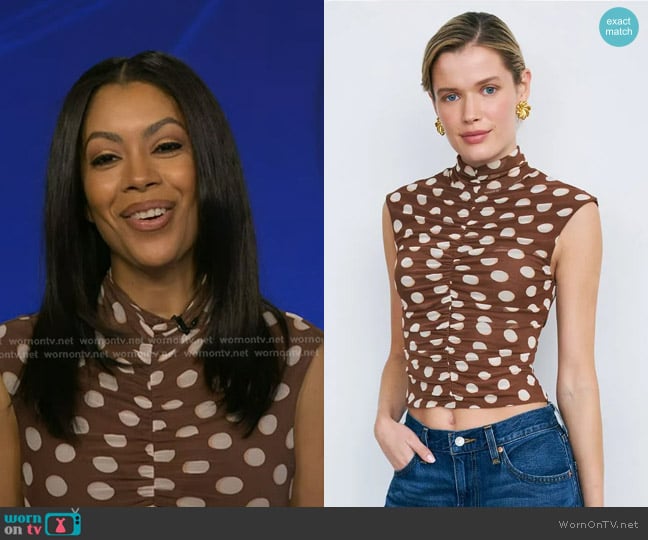 AFRM Jolie Turtleneck Ruched Top in Chocolate Halo Dot worn by Shirleen Allicot on Good Morning America