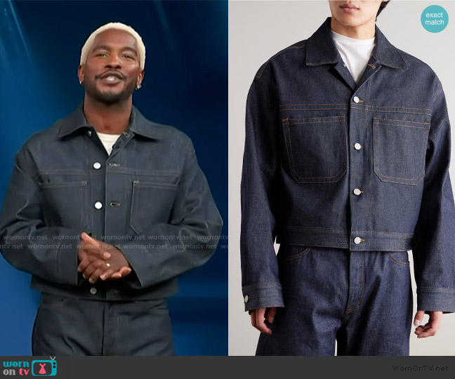 Agolde Blaze Oversized Cropped Denim Jacket worn by Scott Evans on Access Hollywood