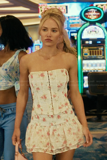 Ainsley’s white floral corset top and skirt on Landman