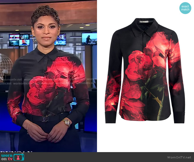 Alice + Olivia Brady Shirt in Peony Petals Bright Ruby worn by Jericka Duncan on CBS Evening News
