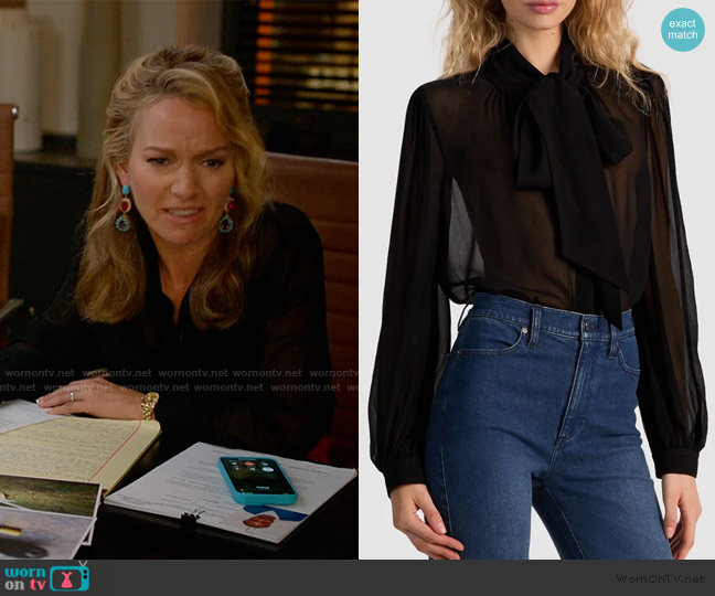Alice + Olivia Brentley Tie Neck Sheer Long Sleeve Button-Up Shirt worn by Lorna Crane (Becki Newton) on The Lincoln Lawyer