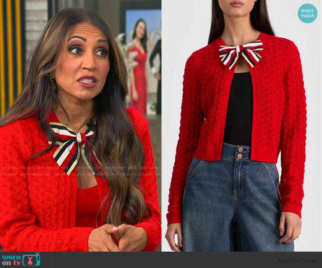 Alice + Olivia Dollie Pointelle Wool Blend Bow Accent Cardigan worn by Dr. Amy Shah on Tamron Hall Show