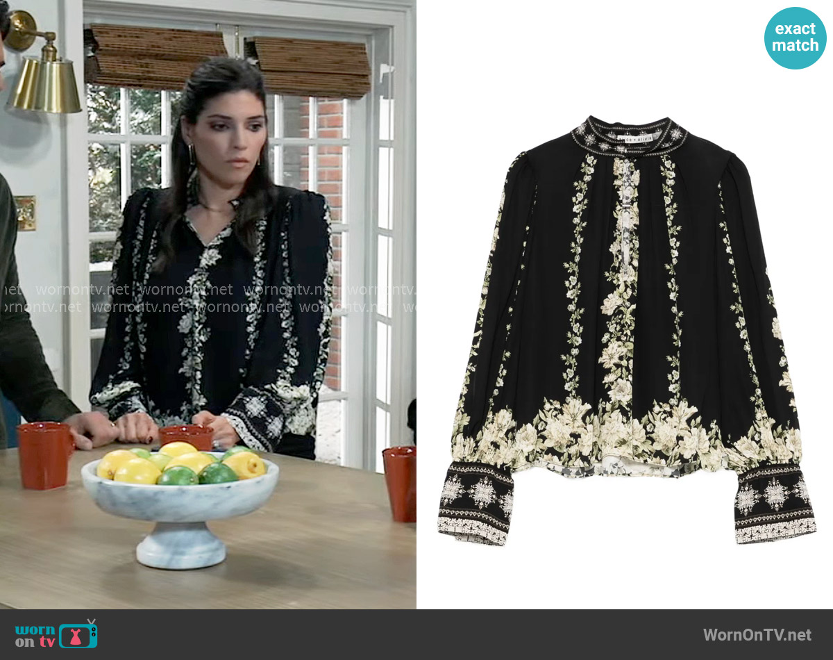 Alice + Olivia Marion Blouse in Free Falling worn by Brook Lynn Quartermaine (Amanda Setton) on General Hospital