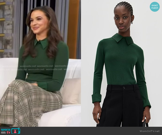Alice + Olivia Porla Collared Sweater in Green Mystique worn by Hanna Battah on Good Morning America