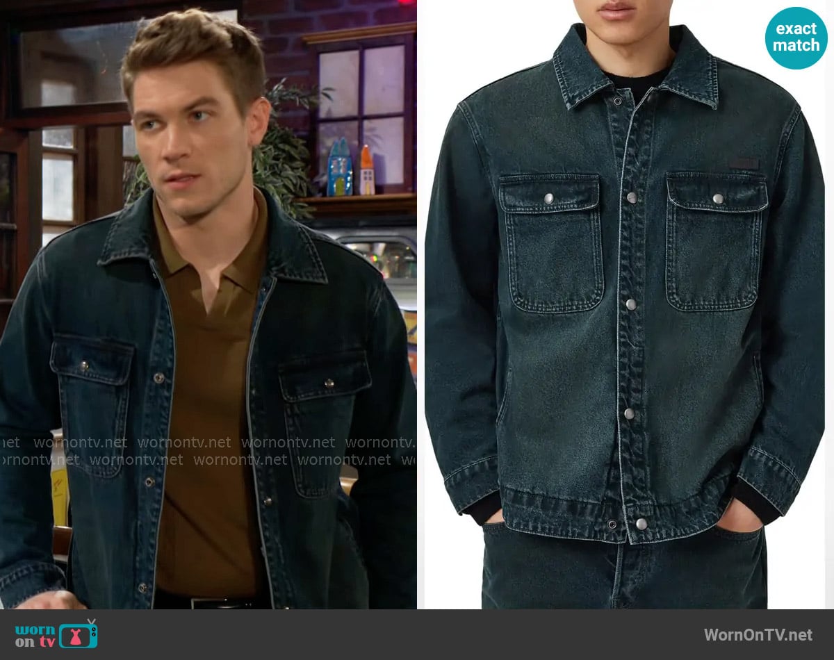 All Saints Castleford Denim Jacket in Phantom Blue worn by Noah Newman (Lucas Adams) on The Young and the Restless