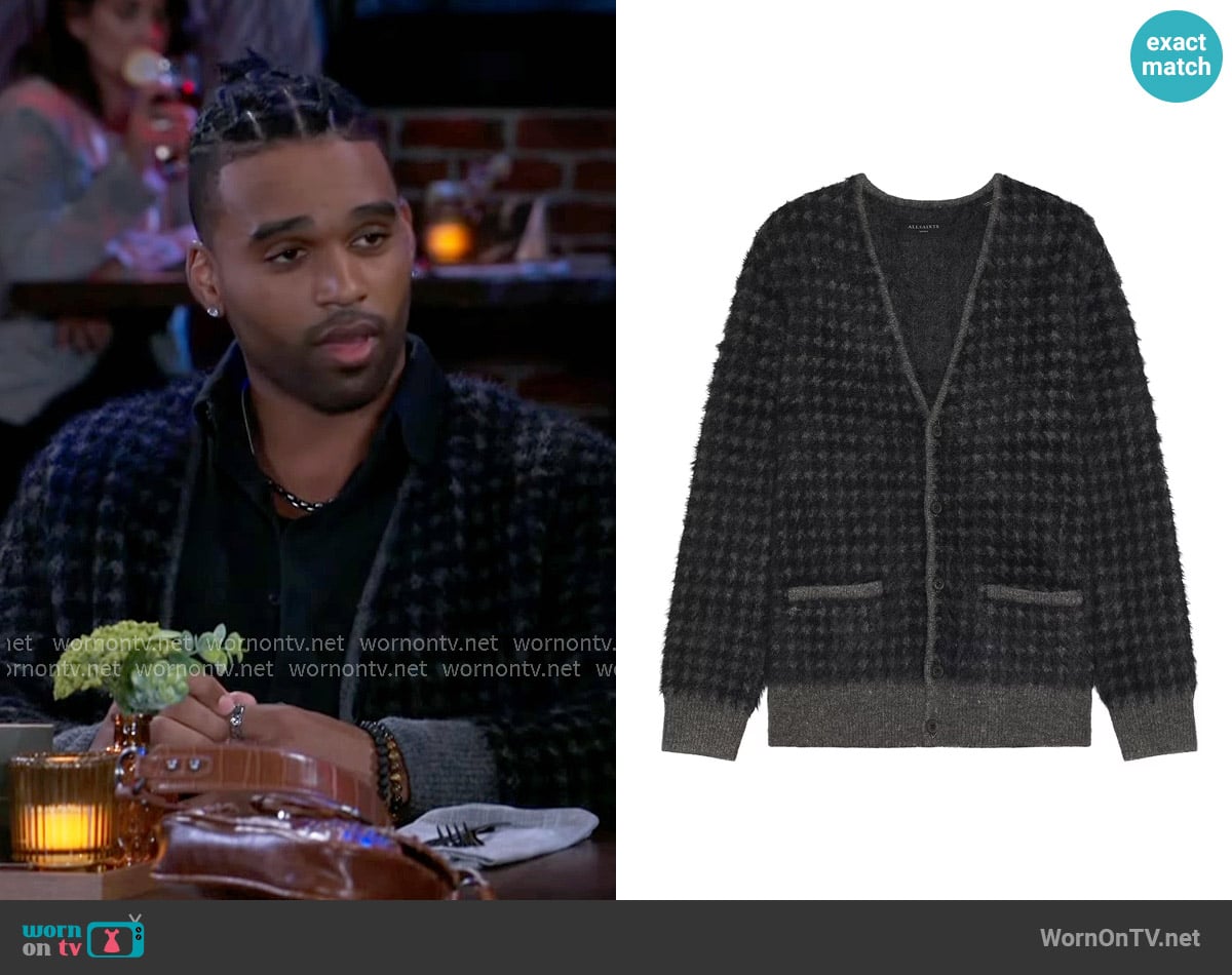 All Saints Edgar Cardigan worn by Izaiah Hawthorne (David Lami Friebe) on Beyond the Gates