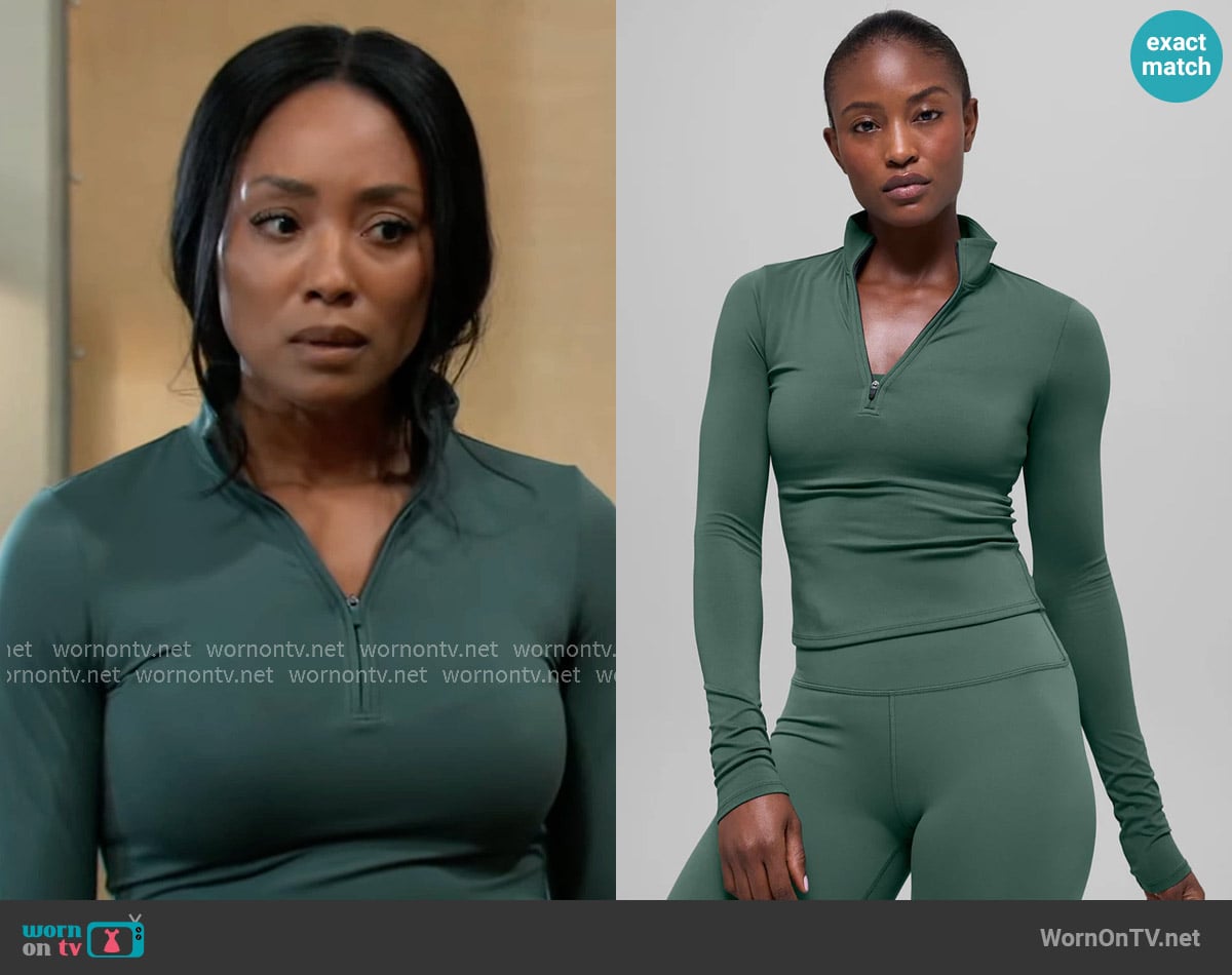 Alo Softsculpt Precision 1/4 Zip Long Sleeve in Clover Green worn by Jordan Ashford (Tanisha Mariko Harper) on General Hospital