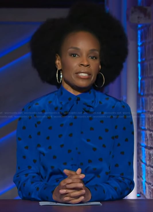 Amber Ruffin’s blue heart print blouse on The Kelly Clarkson Show