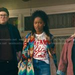 Samira’s embellished tee and print wrap cardigan on The Burbs
