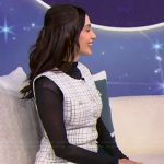 Amira Soofi’s white plaid sleeveless dress on Tamron Hall Show