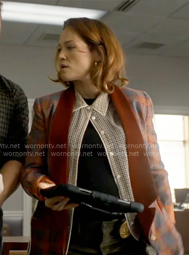 Angie’s plaid blazer with velvet lapel and houndstooth shirt on Will Trent