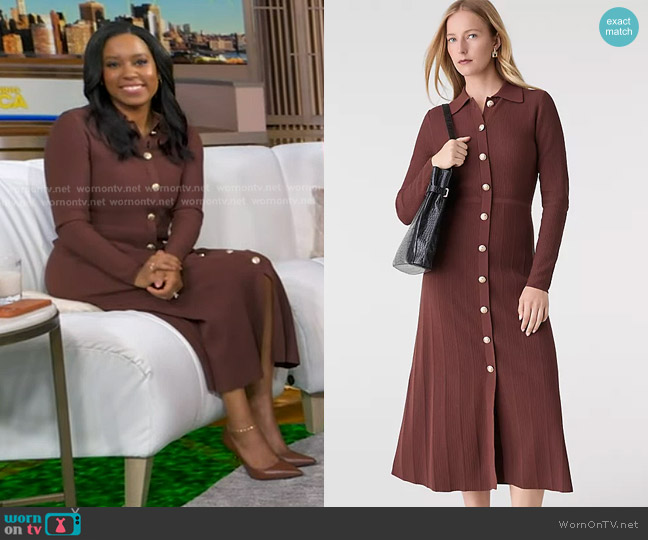 Ann Taylor Collared Sweater Midi Dress in Rich Walnut worn by Rachel Scott on Good Morning America