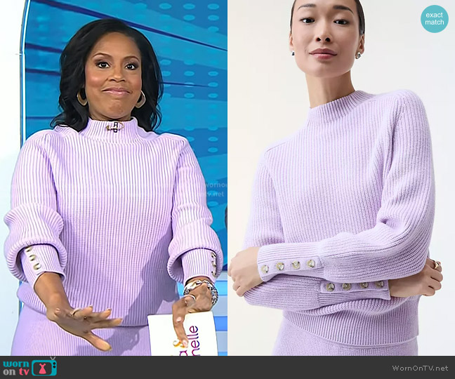 Ann Taylor Ribbed Button Sweater in Sunrise Lavender worn by Sheinelle Jones on Today