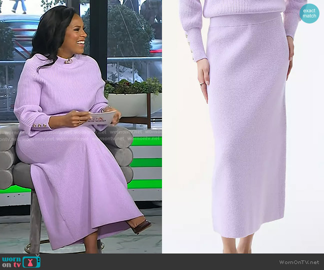 Ann Taylor Ribbed Sweater Skirt in Sunrise Lavender worn by Sheinelle Jones on Today