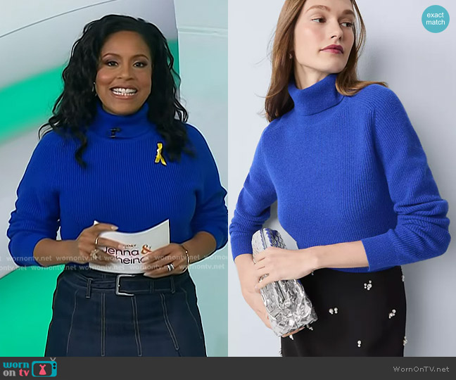 Ann Taylor Studio Collection Cashmere Ribbed Turtleneck Sweater in vivid blue worn by Sheinelle Jones on Today