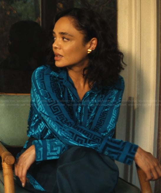 Anna’s blue monogram print metallic blouse on His & Hers