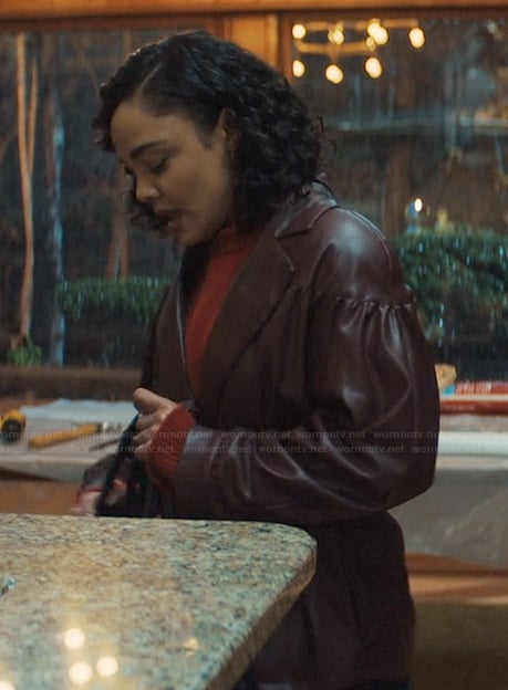 Anna’s burgundy leather blazer on His & Hers