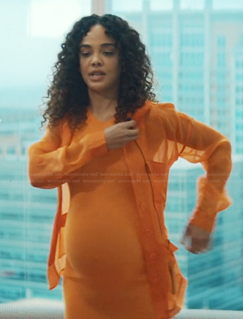 Anna’s orange sheer jacket on His & Hers