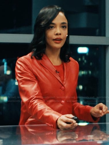 Anna’s red leather jacket on His & Hers