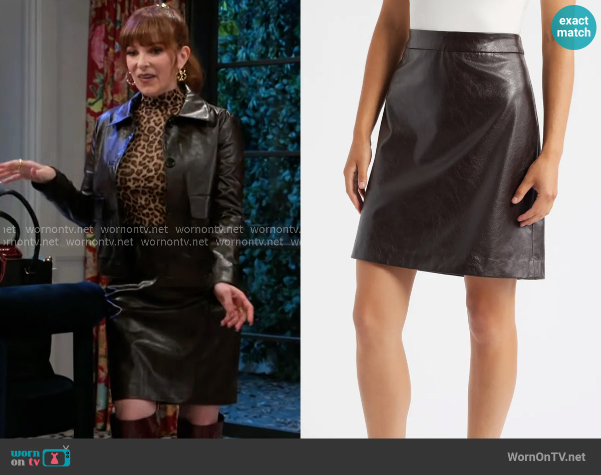 Anne Klein A-Line Faux Leather Skirt in Deep Mahogany worn by Pamela Curtis (Cady McClain) on Beyond the Gates