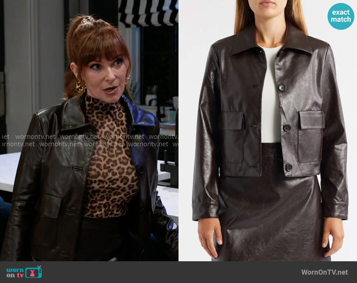 Anne Klein Faux Leather Crop Shirt Jacket in Deep Mahogany worn by Pamela Curtis (Cady McClain) on Beyond the Gates