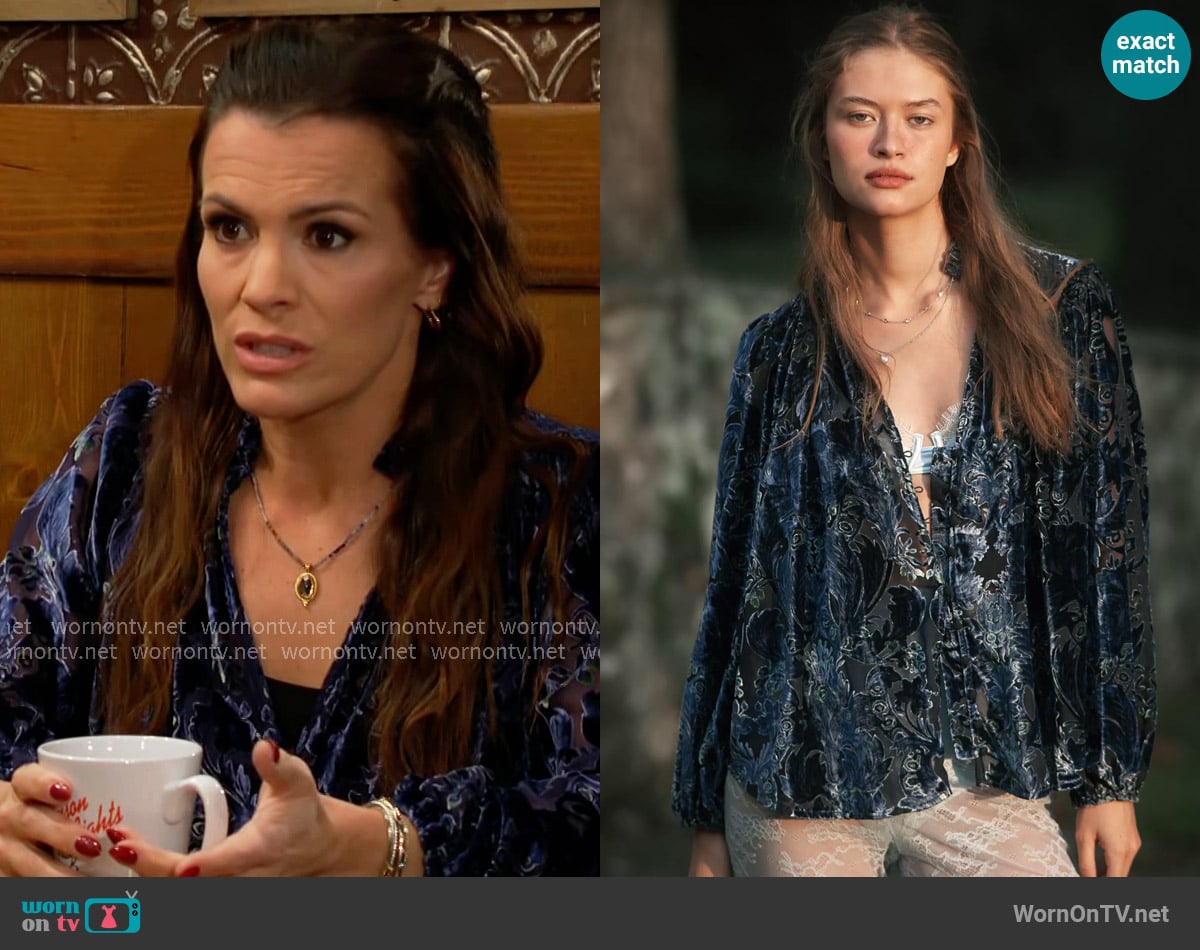 Anthropologie The Estela Burnout Sheer Printed Blouse in Blue Pattern worn by Chelsea Lawson (Melissa Claire Egan) on The Young and the Restless