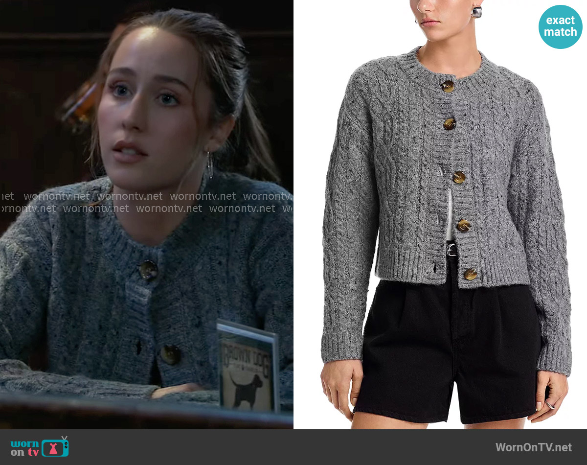 Aqua Cable Knit Crewneck Cardigan in Dark Grey Fleck worn by Josslyn Jacks (Eden McCoy) on General Hospital