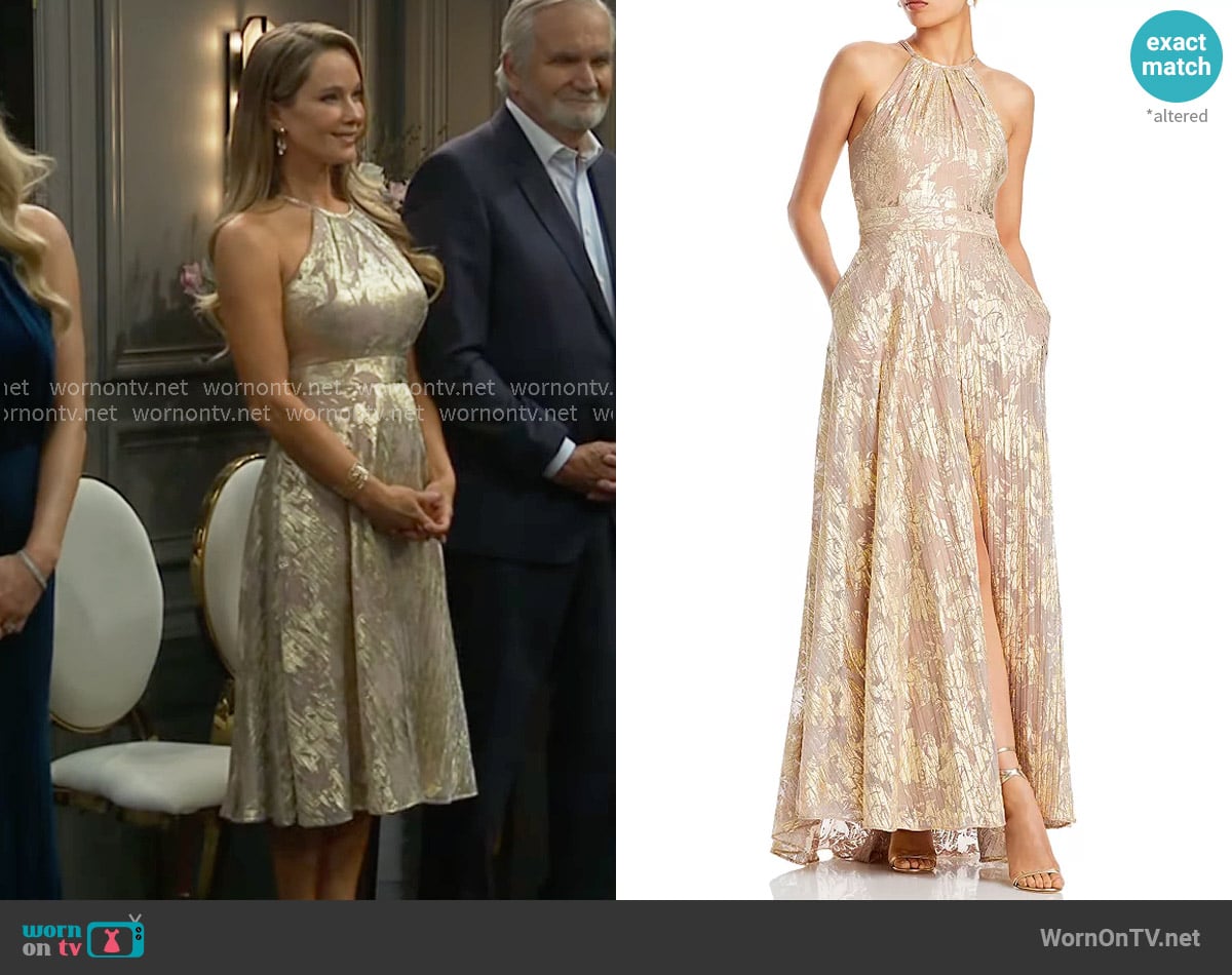 Aqua Foil Knit Metallic Halter Gown worn by Donna Logan (Jennifer Gareis) on The Bold and the Beautiful
