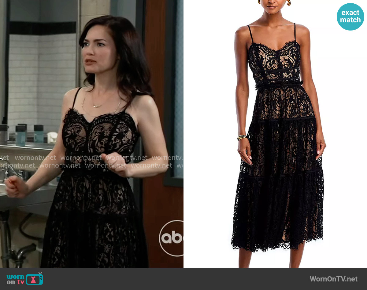 Aqua Lace Cocktail Midi Dress worn by Elizabeth Webber (Rebecca Herbst) on General Hospital