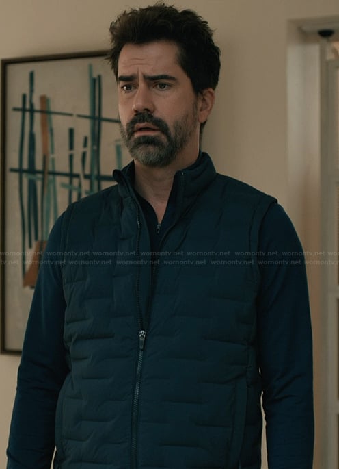 Archer’s navy quilted vest on Elsbeth